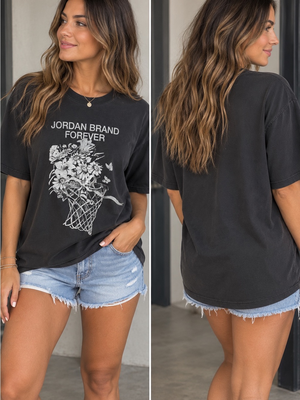 Jordan Black Graphic Short Sleeve Tee with White Floral Basketball Print